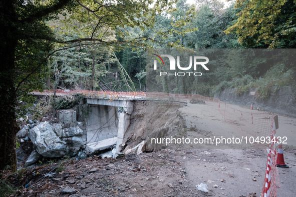 The aftermath of the fierce rainstorms hit central Greece showing the damage from the floods while roads are still covered by floodwater and...