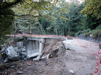 The aftermath of the fierce rainstorms hit central Greece showing the damage from the floods while roads are still covered by floodwater and...