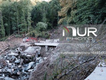 The aftermath of the fierce rainstorms hit central Greece showing the damage from the floods while roads are still covered by floodwater and...