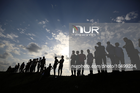 Palestinian protesters during clashes with Israeli forces in a demonstration along the border between the Gaza Strip and Israel, east of Gaz...