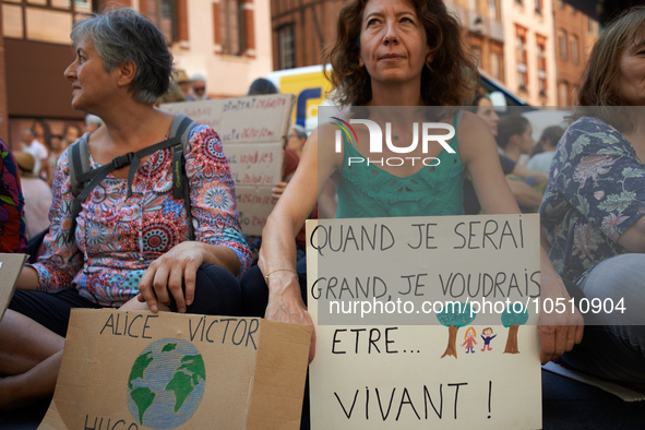 A woman holds a placard reading 'Later, I would be...alive'.  Extinction Rebellion (XR) Toulouse organized a sit-in of women in one of the m...