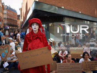 A red Rebel reads 'To Remi Fraisse, 21yo, my age' in front of the sit-in. Extinction Rebellion (XR) Toulouse organized a sit-in of women in...