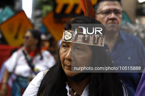 An indigenous person marches among thousands representing various groups participate in the ''End of Fossil Fuels'' protest across Midtown M...