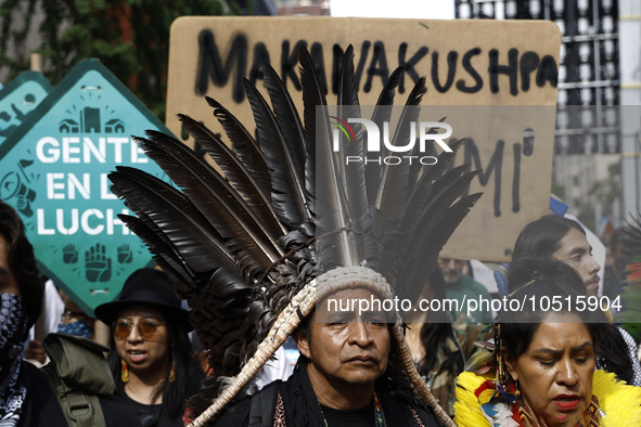 Indigenous people march among thousands representing various groups that participate in the ''End of Fossil Fuels'' protest across Midtown M...