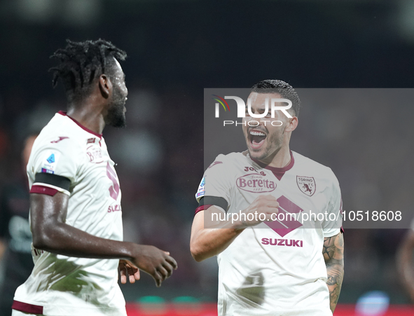 Nemanja Radonjic of Torino Fc celebrate the goal during the Serie A TIM match between US Salernitana and Torino FC in Salerno, Italy, on Sep...