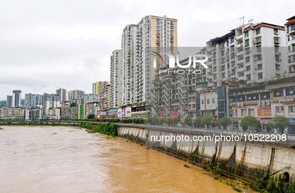 BAZHONG, CHINA - SEPTEMBER 19, 2023 - Flood waters rise in the Tongjiang River basin in Tongjiang County, Bazhong City, Sichuan province, Ch...