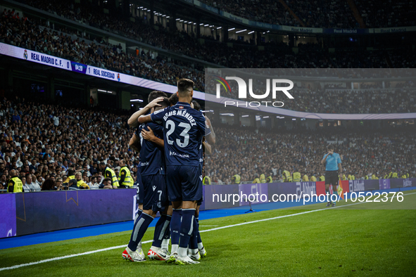 
Ander Barrenetxea of Real Sociedad celebrate a goal during the LaLiga EA Sports match between Real Madrid  and Real Sociedad at the Estadio...