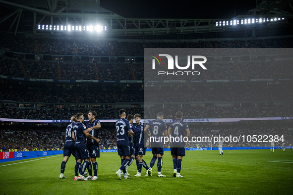 
Ander Barrenetxea of Real Sociedad celebrate a goal during the LaLiga EA Sports match between Real Madrid  and Real Sociedad at the Estadio...