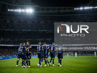 
Ander Barrenetxea of Real Sociedad celebrate a goal during the LaLiga EA Sports match between Real Madrid  and Real Sociedad at the Estadio...