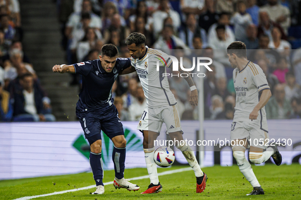 
Rodrygo of Real Madrid during the LaLiga EA Sports match between Real Madrid  and Real Sociedad at the Estadio Santiago Bernabeu on Septemb...