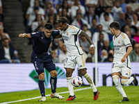 
Rodrygo of Real Madrid during the LaLiga EA Sports match between Real Madrid  and Real Sociedad at the Estadio Santiago Bernabeu on Septemb...