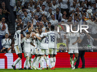 
Joselu of Real Madrid celebrate a goal during the LaLiga EA Sports match between Real Madrid  and Real Sociedad at the Estadio Santiago Ber...