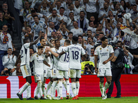 
Joselu of Real Madrid celebrate a goal during the LaLiga EA Sports match between Real Madrid  and Real Sociedad at the Estadio Santiago Ber...