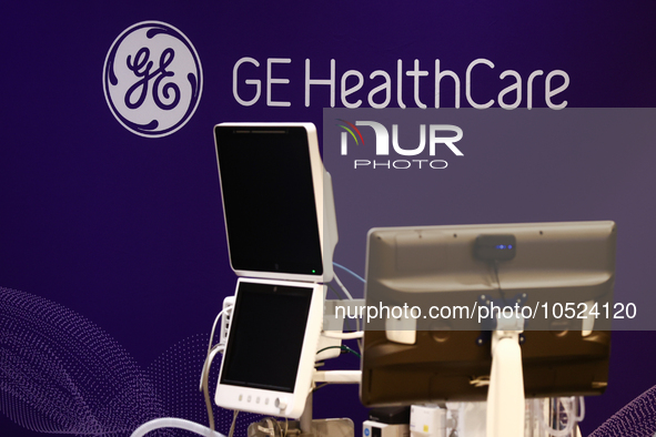 GE HealthCare logo and medical equipment are seen exhibit on medical conference in Krakow, Poland on September 15, 2023. 