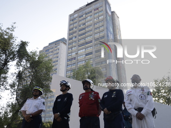 September 19, 2023, Mexico City, Mexico: Colonists of the Nuevo Leon building (collapsed in the 1985 earthquake) and the Nonoalco Tlatelolco...