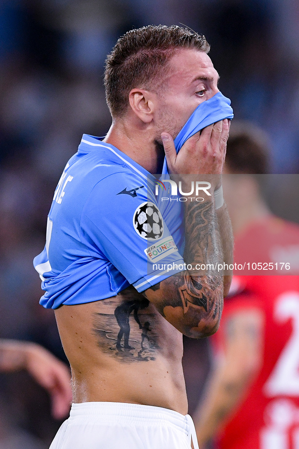 Ciro Immobile of SS Lazio looks dejected during the UEFA Champions League Group E match between SS Lazio v Atletico de Madrid at Stadio Olim...