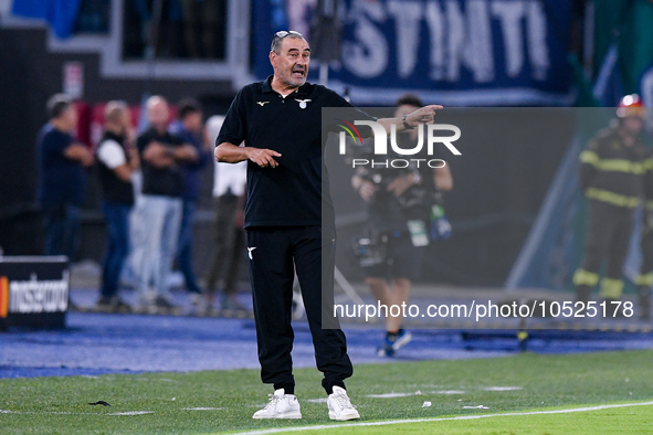 Maurizio Sarri of SS Lazio gestures during the UEFA Champions League Group E match between SS Lazio v Atletico de Madrid at Stadio Olimpico...