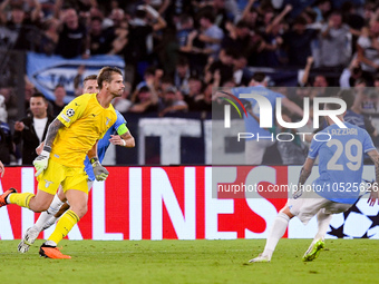 Ivan Provedel goalkeeper of SS Lazio celebrates scoring his side first goal during the UEFA Champions League Group E match between SS Lazio...