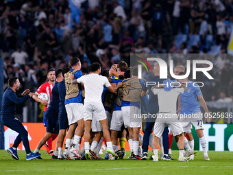 Ivan Provedel goalkeeper of SS Lazio celebrates scoring his side first goal during the UEFA Champions League Group E match between SS Lazio...