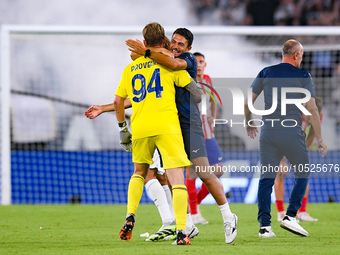 Ivan Provedel goalkeeper of SS Lazio celebrates scoring his side first goal during the UEFA Champions League Group E match between SS Lazio...