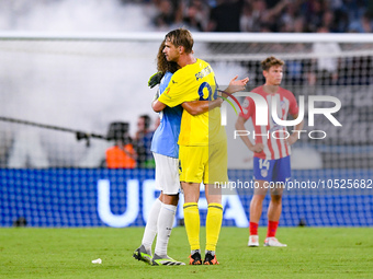 Ivan Provedel goalkeeper of SS Lazio celebrates scoring his side first goal during the UEFA Champions League Group E match between SS Lazio...