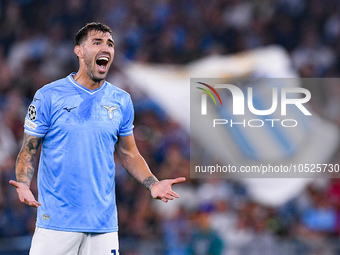 Alessio Romagnoli of SS Lazio yells during the UEFA Champions League Group E match between SS Lazio v Atletico de Madrid at Stadio Olimpico...