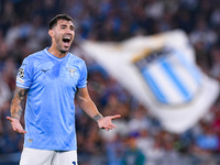 Alessio Romagnoli of SS Lazio yells during the UEFA Champions League Group E match between SS Lazio v Atletico de Madrid at Stadio Olimpico...