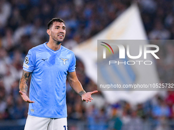 Alessio Romagnoli of SS Lazio yells during the UEFA Champions League Group E match between SS Lazio v Atletico de Madrid at Stadio Olimpico...