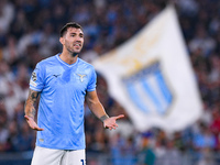 Alessio Romagnoli of SS Lazio yells during the UEFA Champions League Group E match between SS Lazio v Atletico de Madrid at Stadio Olimpico...