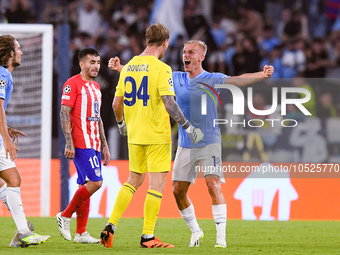 Ivan Provedel goalkeeper of SS Lazio celebrates scoring his side first goal during the UEFA Champions League Group E match between SS Lazio...