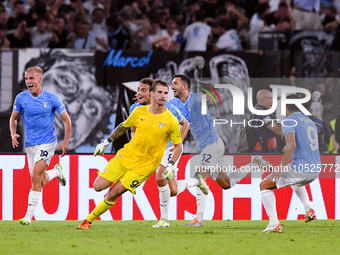 Ivan Provedel goalkeeper of SS Lazio celebrates scoring his side first goal during the UEFA Champions League Group E match between SS Lazio...