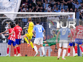 Ivan Provedel goalkeeper of SS Lazio scores his side first goal during the UEFA Champions League Group E match between SS Lazio v Atletico d...