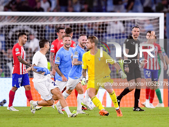 Ivan Provedel goalkeeper of SS Lazio celebrates scoring his side first goal during the UEFA Champions League Group E match between SS Lazio...