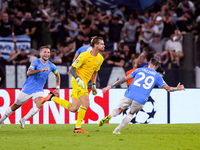 Ivan Provedel goalkeeper of SS Lazio celebrates scoring his side first goal during the UEFA Champions League Group E match between SS Lazio...