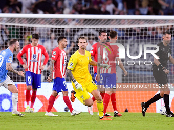 Ivan Provedel goalkeeper of SS Lazio celebrates scoring his side first goal during the UEFA Champions League Group E match between SS Lazio...