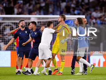 Ivan Provedel goalkeeper of SS Lazio celebrates scoring his side first goal during the UEFA Champions League Group E match between SS Lazio...