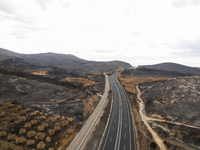 A drone image shows a view of the burned areas of land between the Dadia forest and the villages of Kirkis and Sykorrachis, Alexandroupolis,...