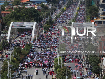 Thousands of public school teachers from all over Nepal march towards the parliament during a protest against a new school bill which will e...