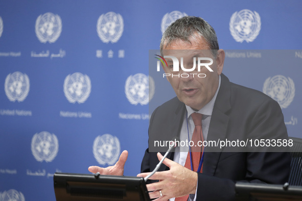 Philippe Lazzarini, Commissioner-General of the United Nations Relief briefs reporters after the high-level ministerial event convened by Jo...