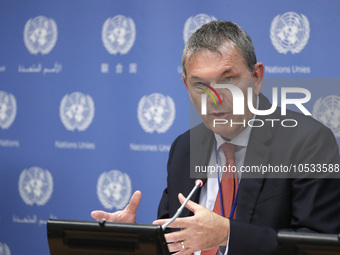 Philippe Lazzarini, Commissioner-General of the United Nations Relief briefs reporters after the high-level ministerial event convened by Jo...