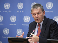 Philippe Lazzarini, Commissioner-General of the United Nations Relief briefs reporters after the high-level ministerial event convened by Jo...