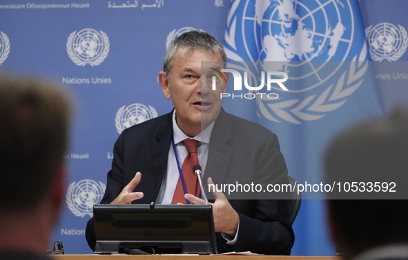 Philippe Lazzarini, Commissioner-General of the United Nations Relief briefs reporters after the high-level ministerial event convened by Jo...