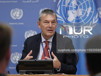 Philippe Lazzarini, Commissioner-General of the United Nations Relief briefs reporters after the high-level ministerial event convened by Jo...