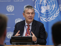 Philippe Lazzarini, Commissioner-General of the United Nations Relief briefs reporters after the high-level ministerial event convened by Jo...