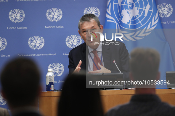 Philippe Lazzarini, Commissioner-General of the United Nations Relief briefs reporters after the high-level ministerial event convened by Jo...