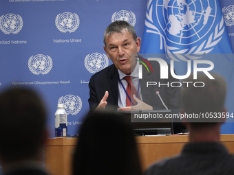 Philippe Lazzarini, Commissioner-General of the United Nations Relief briefs reporters after the high-level ministerial event convened by Jo...