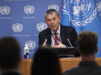 Philippe Lazzarini, Commissioner-General of the United Nations Relief briefs reporters after the high-level ministerial event convened by Jo...