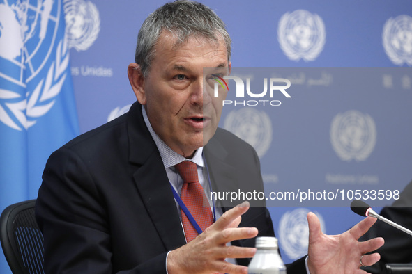 Philippe Lazzarini, Commissioner-General of the United Nations Relief briefs reporters after the high-level ministerial event convened by Jo...