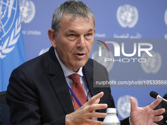 Philippe Lazzarini, Commissioner-General of the United Nations Relief briefs reporters after the high-level ministerial event convened by Jo...