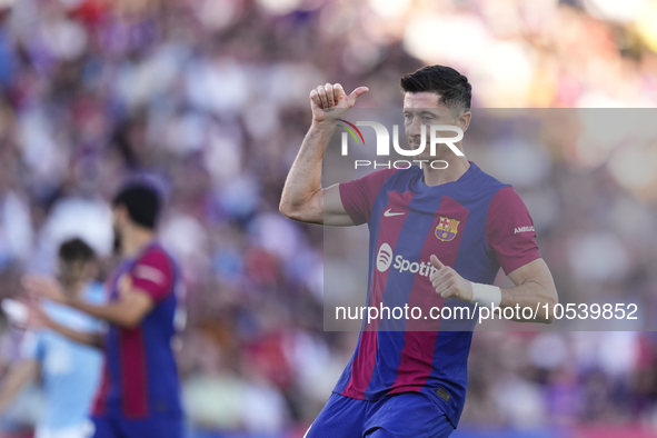 Robert Lewandowski centre-forward of Barcelona and Poland reacts during the LaLiga EA Sports match between FC Barcelona and Celta Vigo at Es...